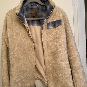 Ladies Small Pendleton Fuzzy Zip Jacket Beige Blue Plaid